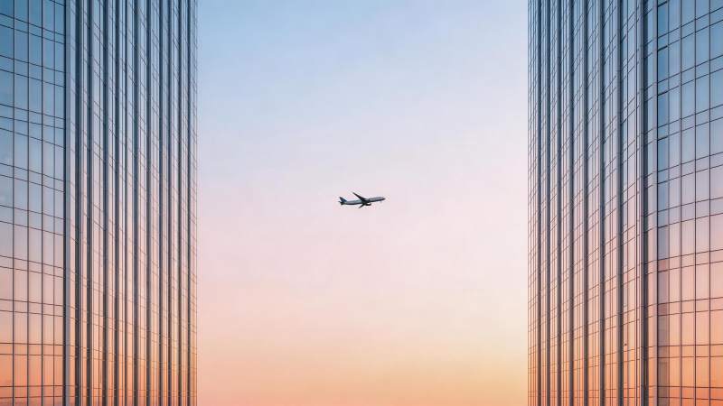 高楼之间飞行的客机与渐变天空图片