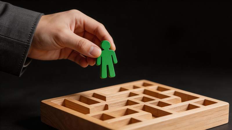 手握绿色人形棋子置于木质迷宫上方图片