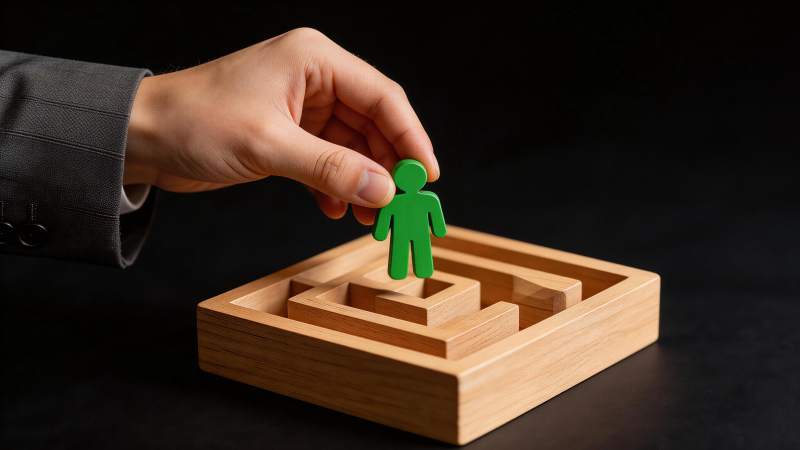 手握绿色人形棋子置于木质迷宫上方图片