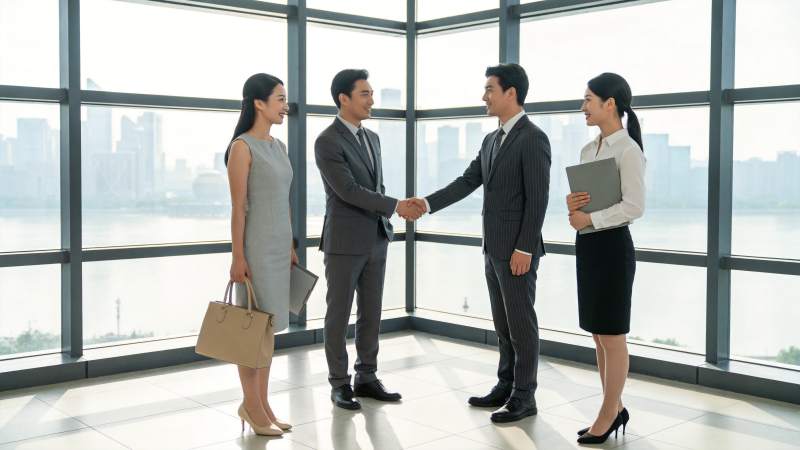 四位职场人士在落地窗前握手交流图片