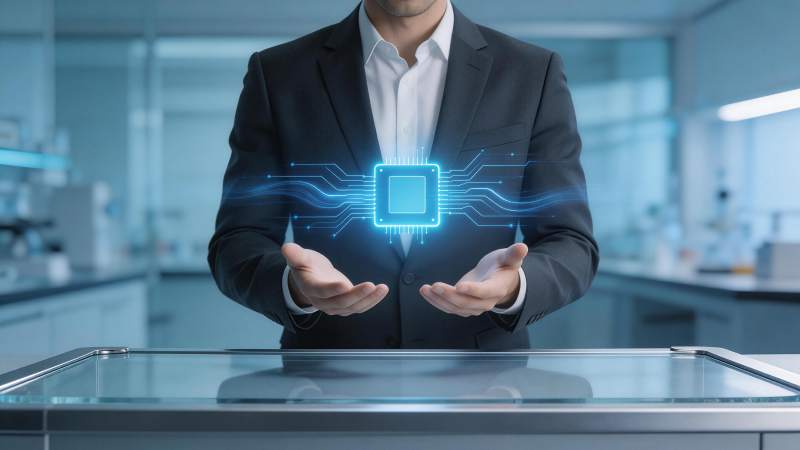 商务人士双手托举发光芯片全息影像图片