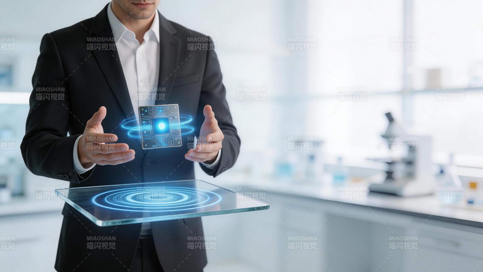 商务人士展示全息芯片与数据界面图片