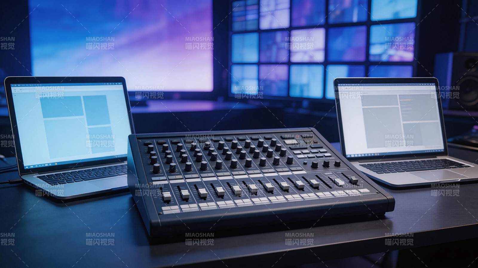 专业音频调音台与双笔记本电脑工作台场景图片