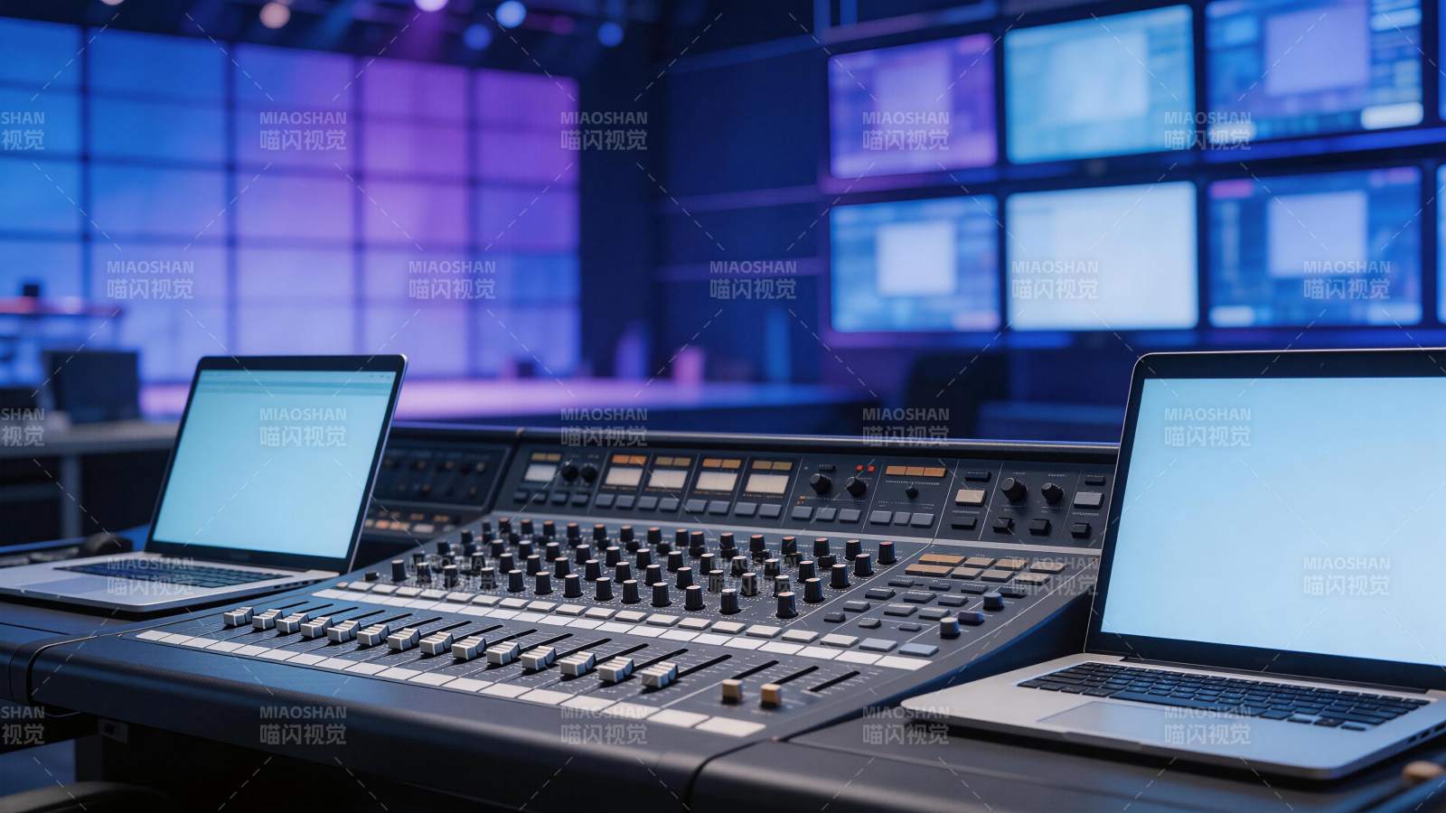 专业音频调音台与双笔记本电脑工作台图片