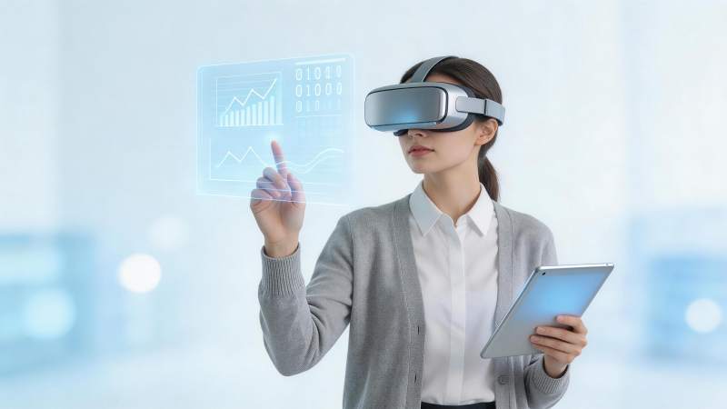 女性佩戴虚拟现实眼镜操作全息数据图表图片