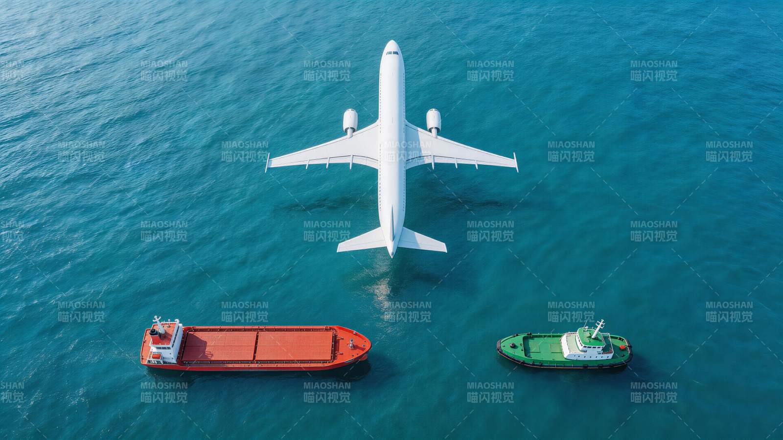 飞机货轮拖船同框海上运输场景图片