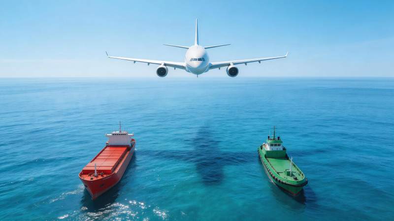 飞机低空飞越海面两艘货船与拖轮图片