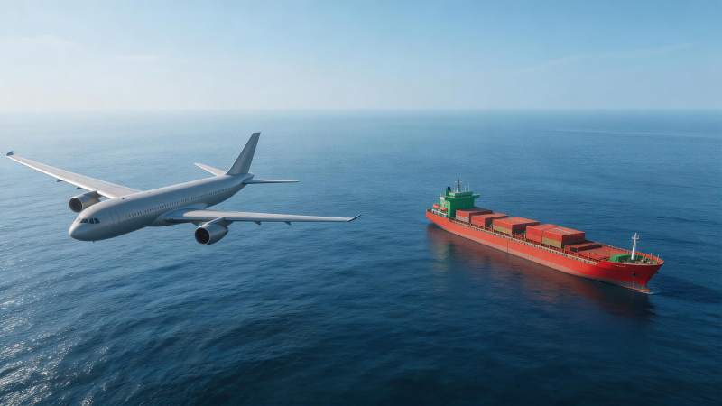 客机与货轮在海面上空并行航行图片