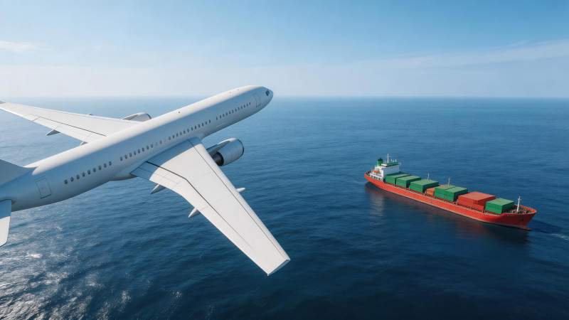 客机飞越海面与货轮并行航行场景图片