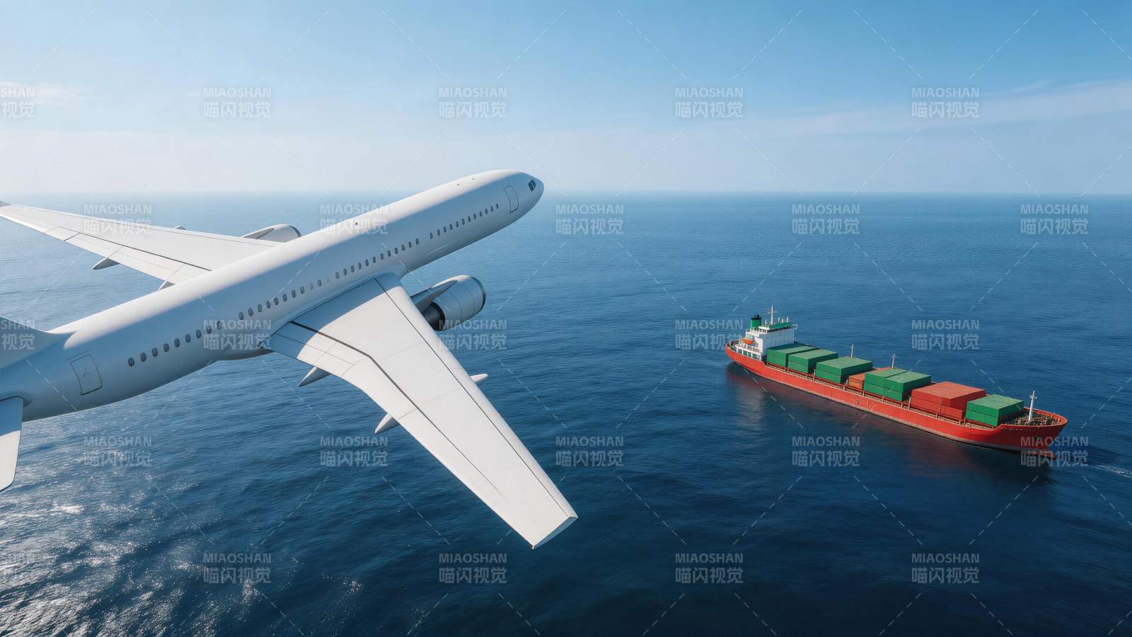 客机飞越海面与货轮并行航行场景图片