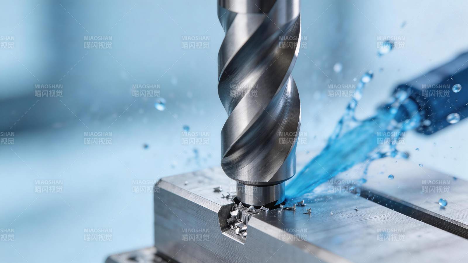 金属钻头高速切削产生冷却液飞溅特写图片