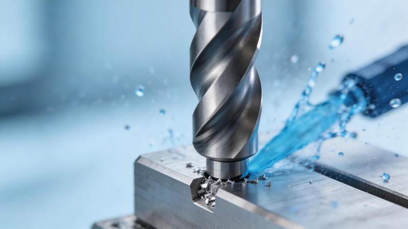 金属钻头高速切削产生冷却液飞溅特写图片