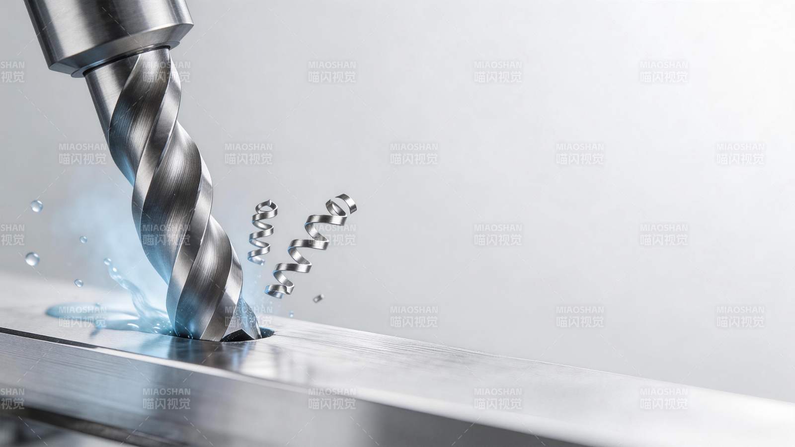 金属钻头高速钻孔产生切屑与冷却液飞溅图片