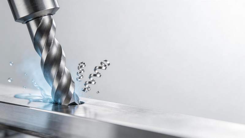 金属钻头高速钻孔产生切屑与冷却液飞溅图片