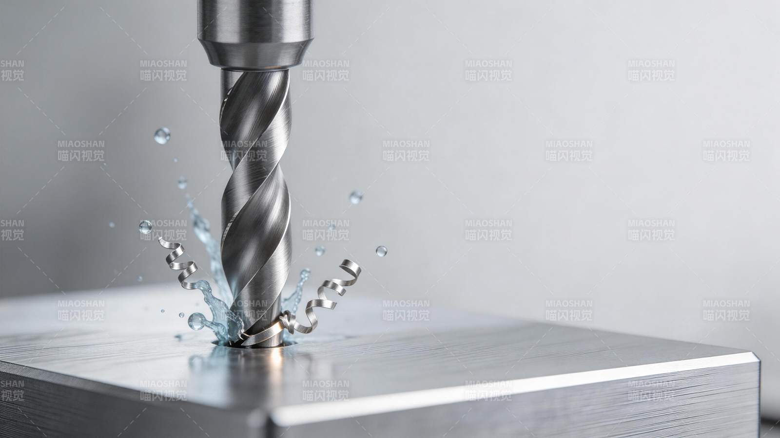 金属钻头正在加工金属块产生切屑与冷却液飞图片