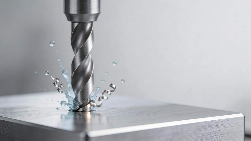 金属钻头正在加工金属块产生切屑与冷却液飞图片