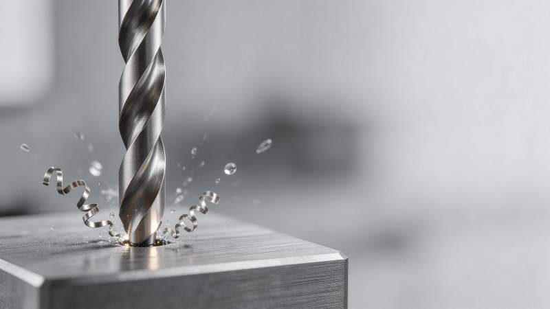 金属钻头正在钻削金属块产生切屑图片