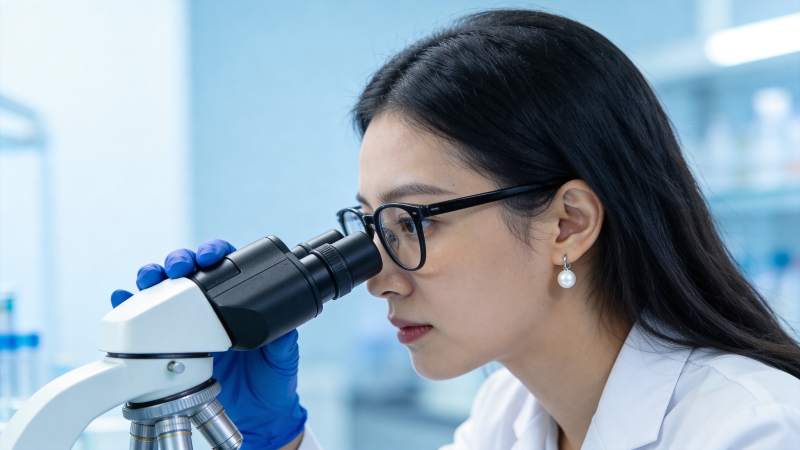 女性科研人员佩戴手套使用显微镜进行实验观图片