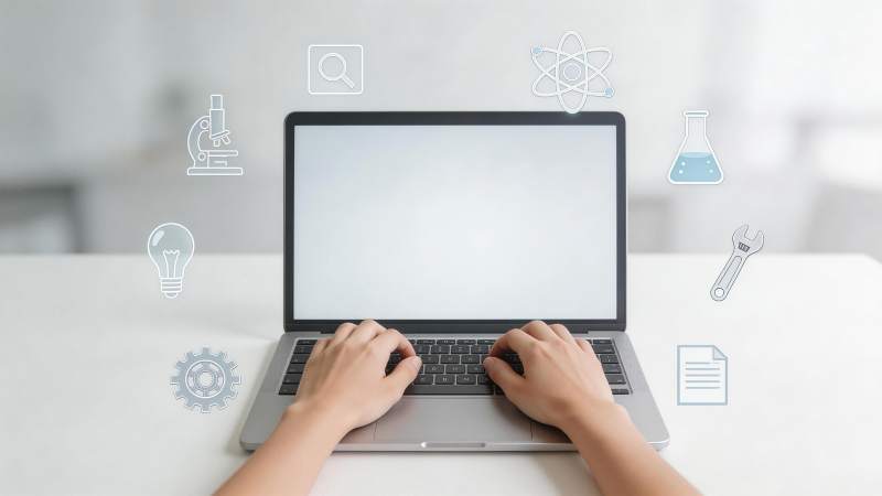 双手操作笔记本电脑周围环绕科学图标图片