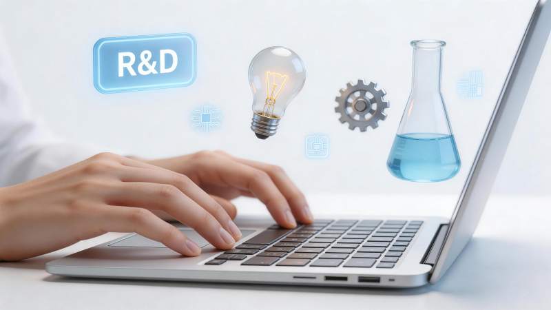 科研人员使用笔记本电脑进行研发工作图片