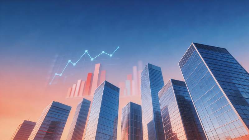 城市高楼群与上升趋势图表叠加景象图片