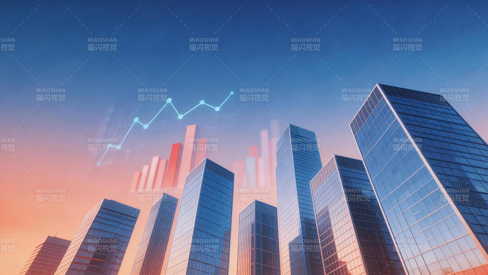 城市高楼群与上升趋势图表叠加景象图片