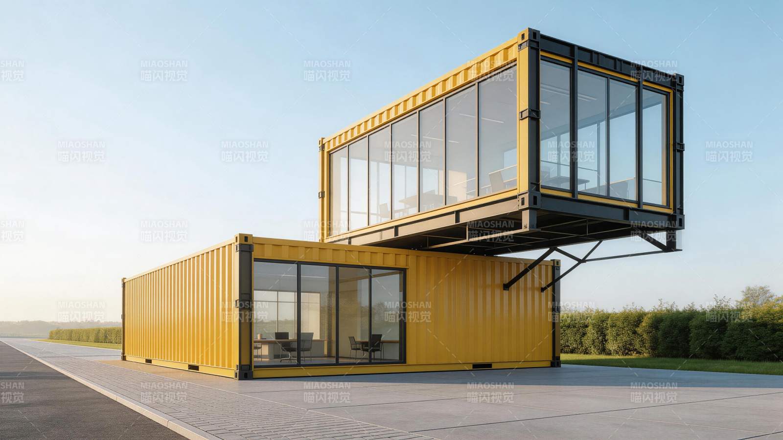黄色集装箱模块化办公建筑组合结构图片