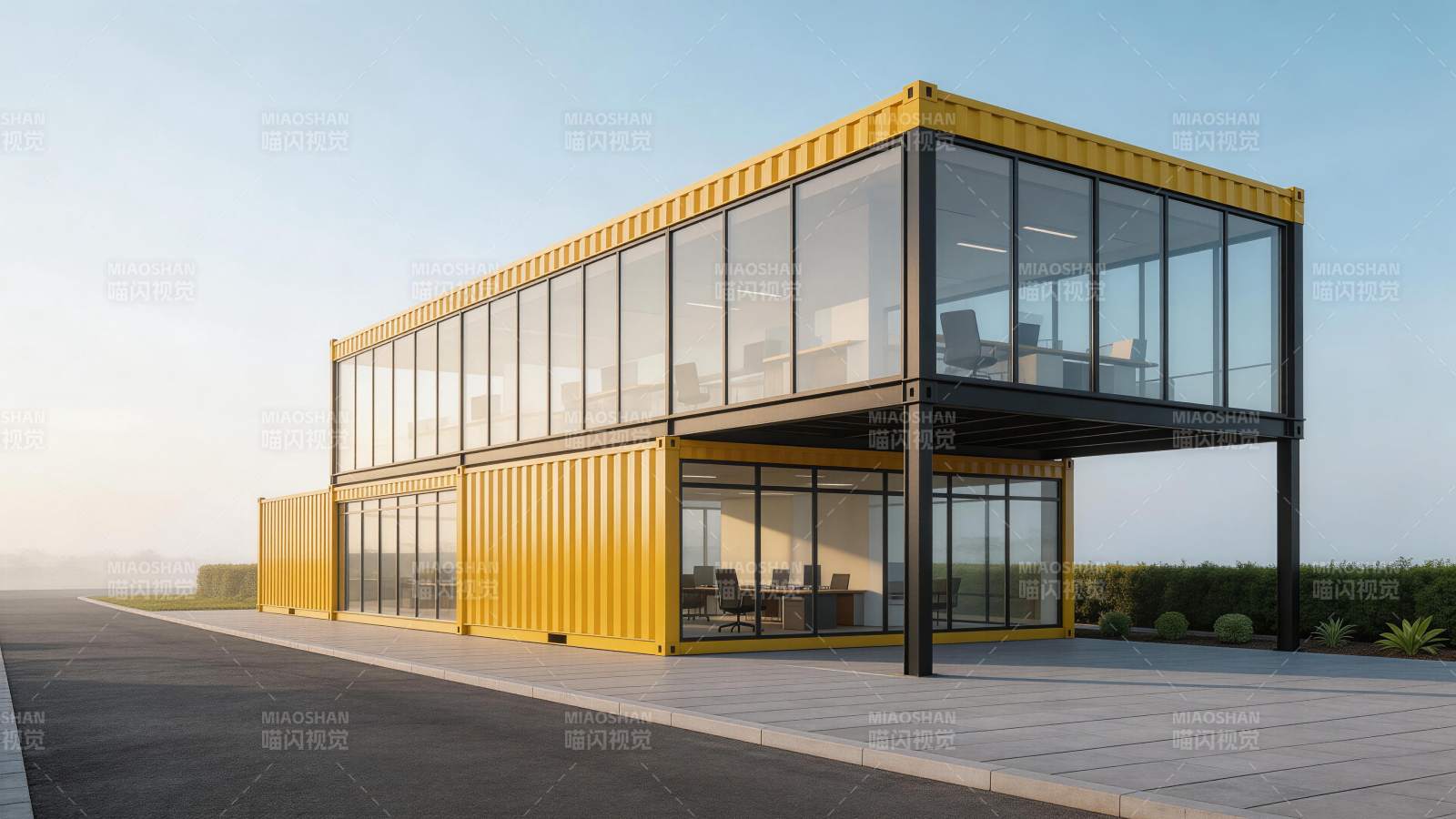 黄色集装箱改造的现代玻璃办公建筑图片