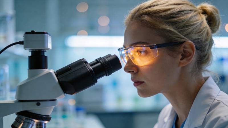 女性科研人员使用显微镜进行实验观察图片