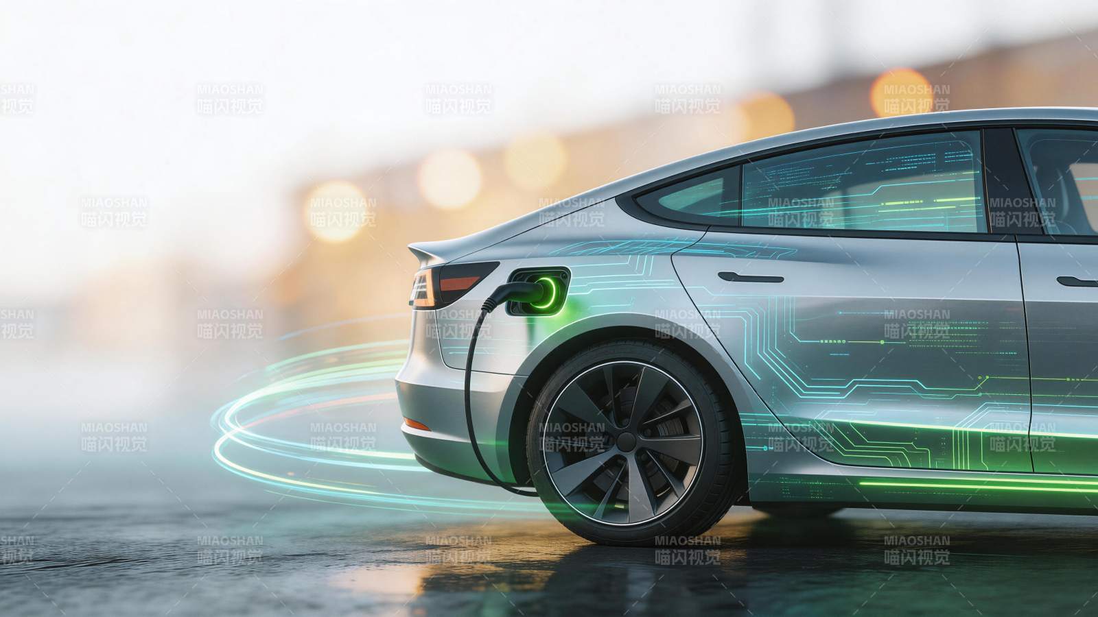 银色电动汽车正在充电并显示科技线条特效图片