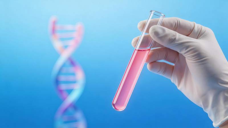 戴手套手持装有粉色液体的试管与DNA双螺图片