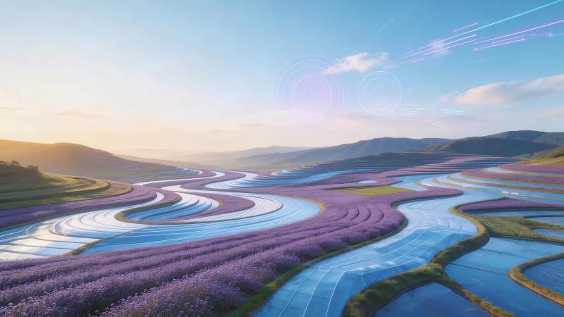 紫色花田与蓝色水道交织的梯田景观图片