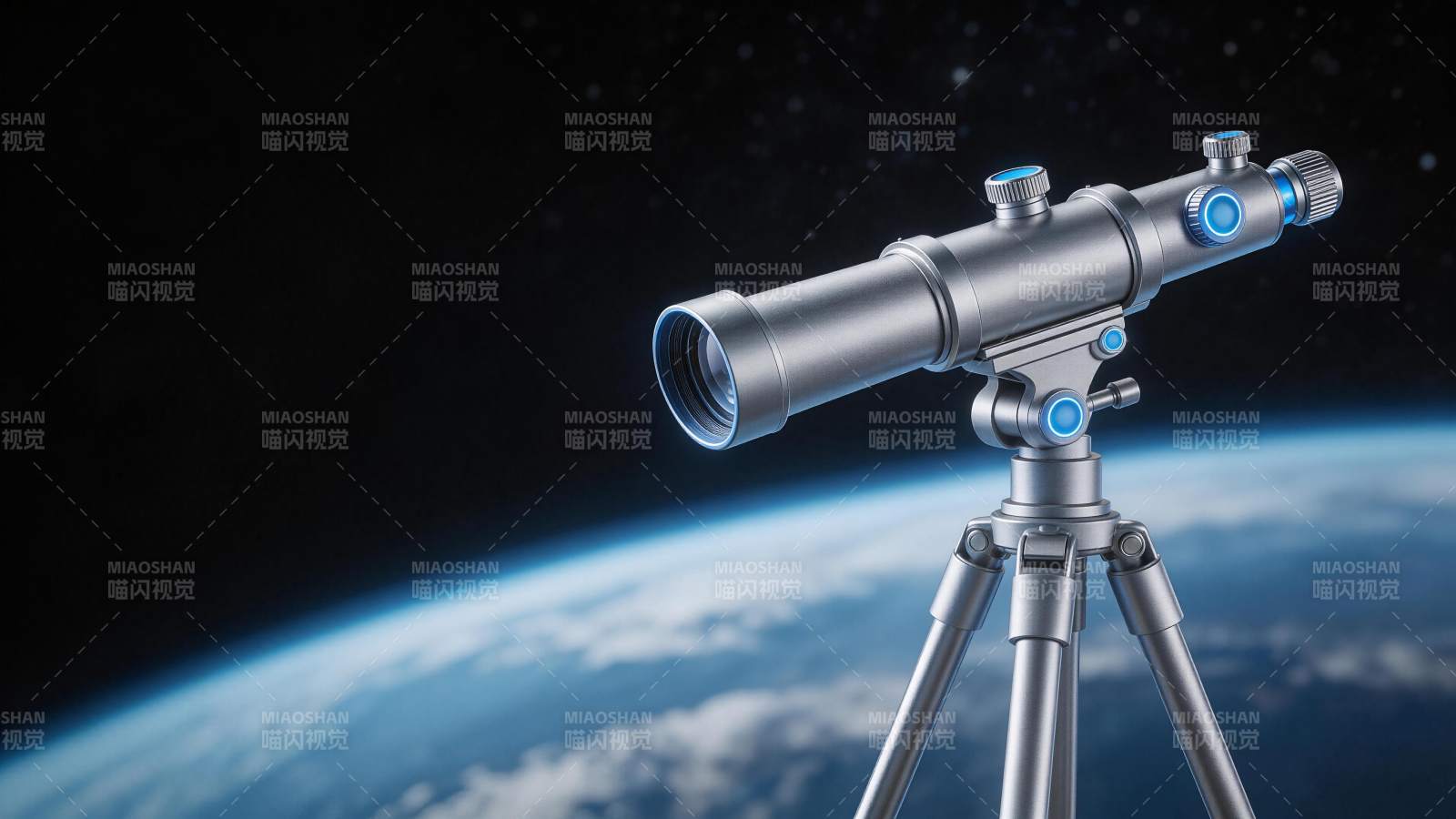银色望远镜架设于三脚架观测地球曲率图片