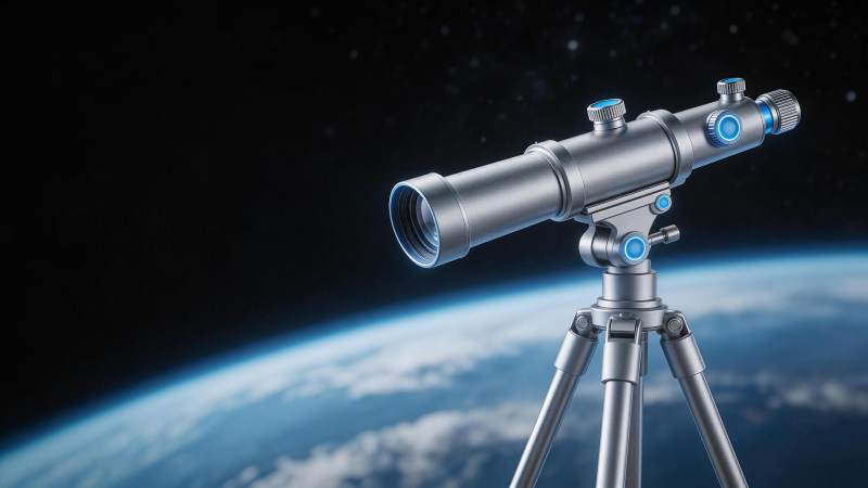 银色望远镜架设于三脚架观测地球曲率图片