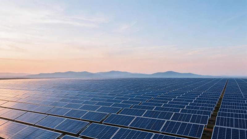 广阔太阳能电池板阵列在日落时分延展至远山图片