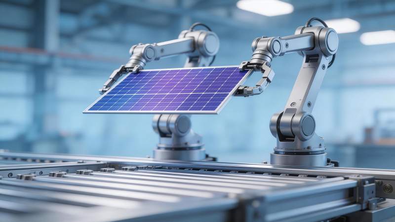 工业机器人协同搬运太阳能电池板图片