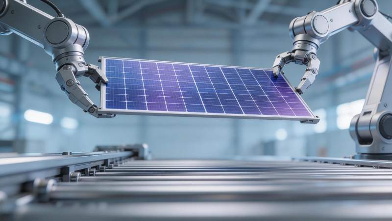 工业机器人搬运太阳能电池板生产场景图片