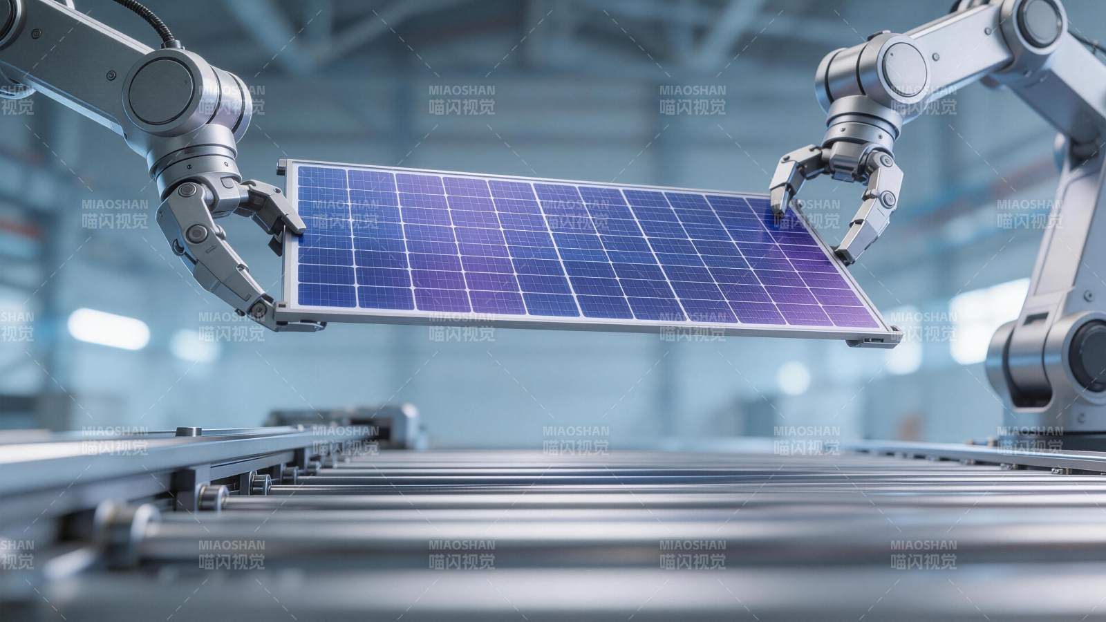 工业机器人搬运太阳能电池板生产场景图片