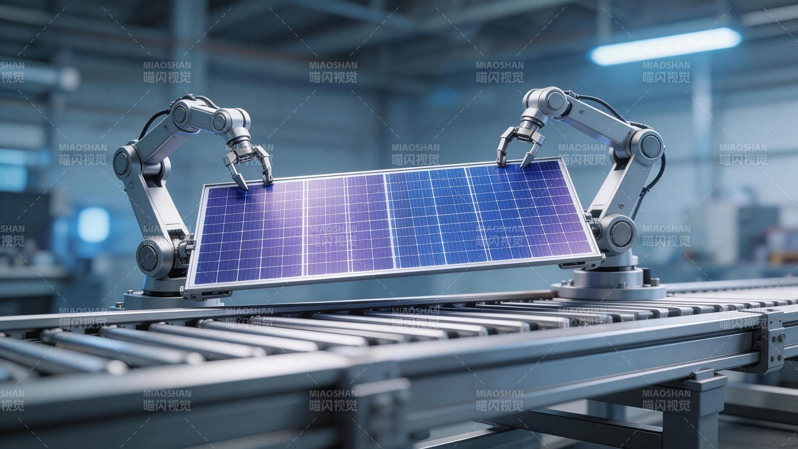 工业机器人搬运太阳能电池板生产线场景图片