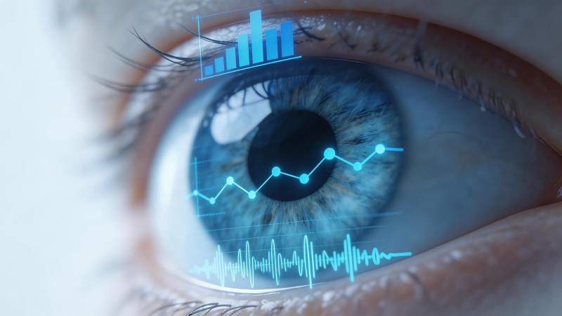人眼虹膜上叠加蓝色数据图表与波形图图片
