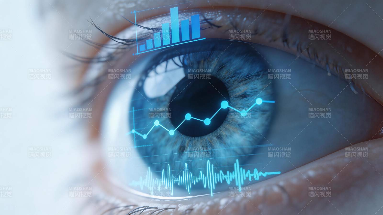 人眼虹膜上叠加蓝色数据图表与波形图图片