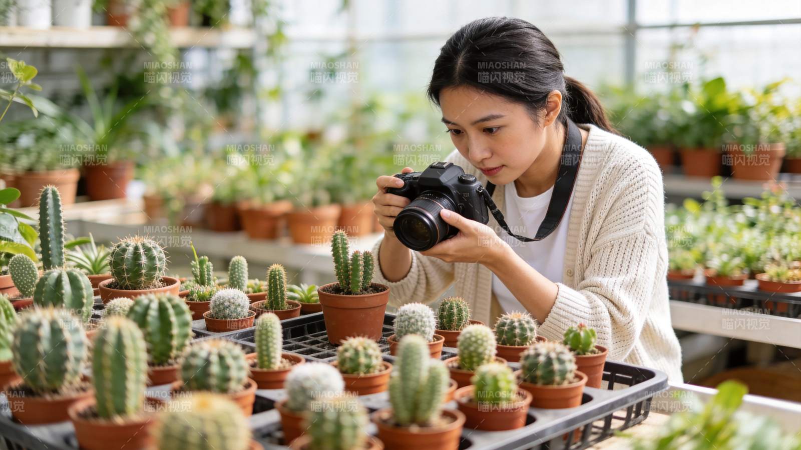 女子手持相机专注拍摄多肉植物盆栽图片