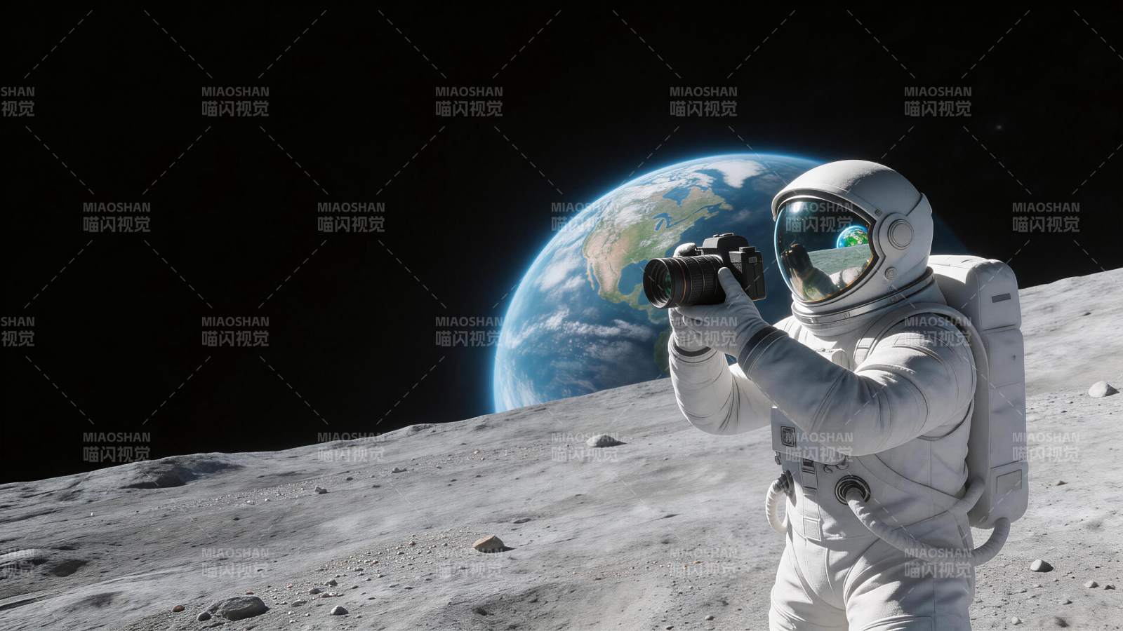 宇航员在月球表面手持相机拍摄地球图片
