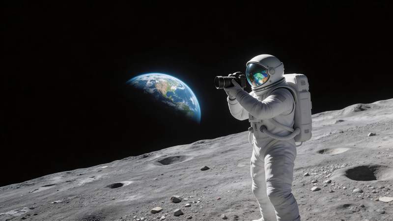 宇航员在月球表面持相机拍摄地球图片