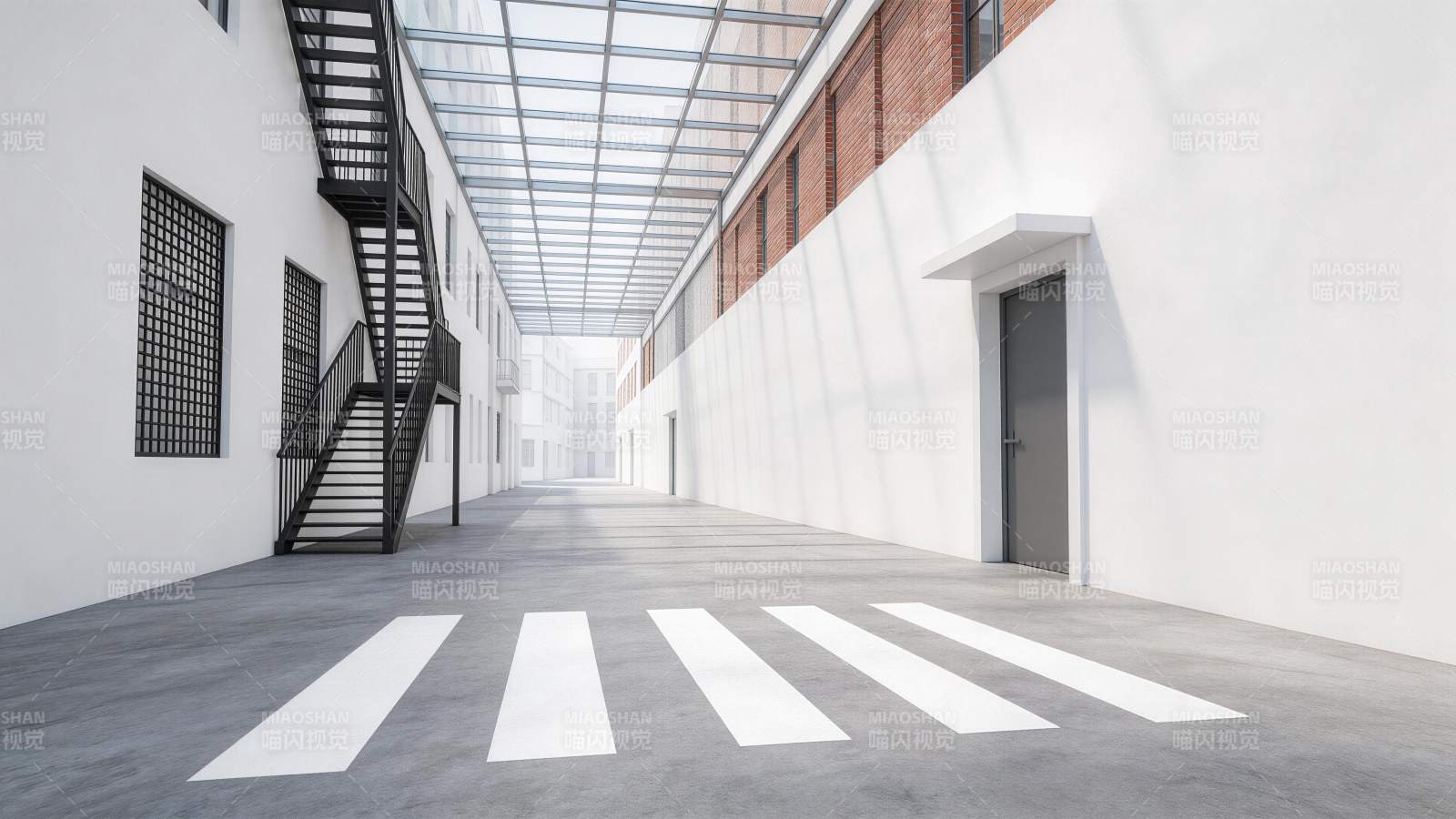 现代建筑内部通道带斑马线与金属楼梯图片