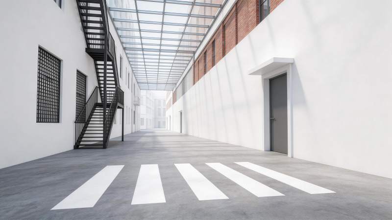 现代建筑内部通道带斑马线与金属楼梯图片