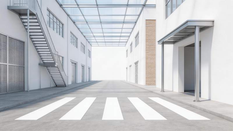 现代工业风走廊带斑马线与金属楼梯图片