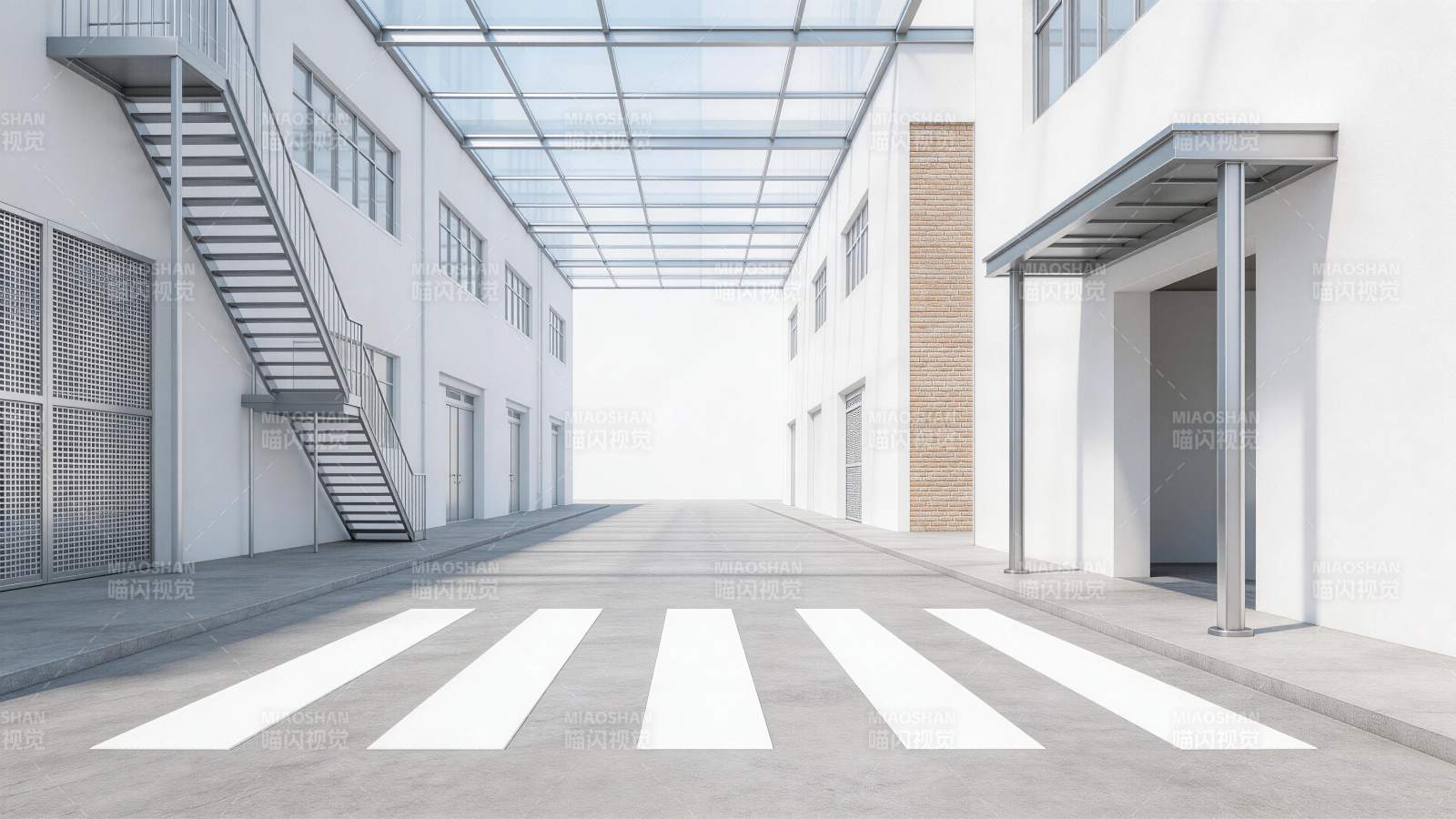 现代工业风走廊带斑马线与金属楼梯图片