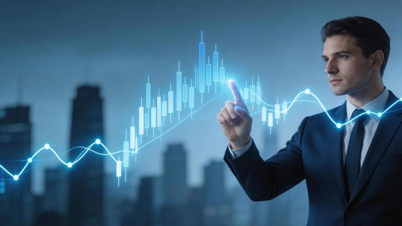 商务人士触控虚拟股票K线图表图片
