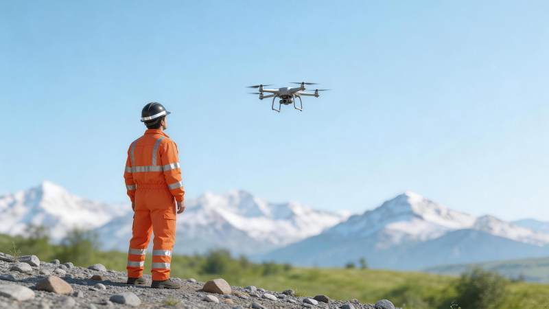 穿橙色工装人员操控无人机进行户外作业图片